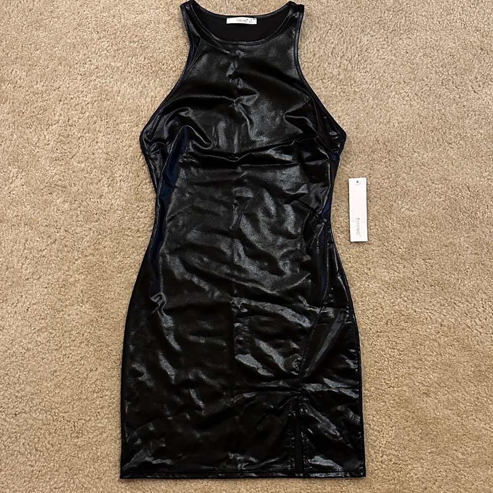 Timing Faux Leather Sleeveless Black Mini Dress Size Small - Picture 4 of 6